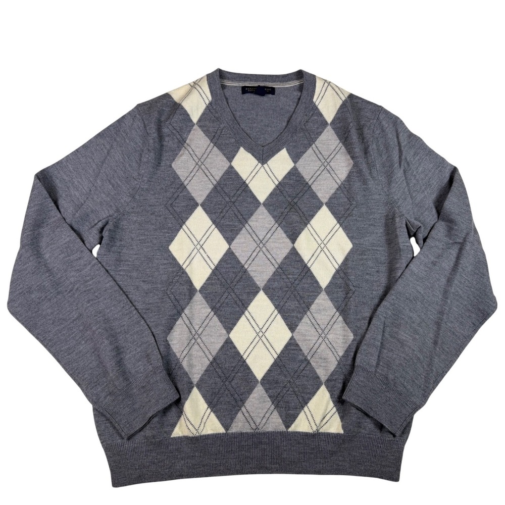 Banana Republic Mens Grey Argyle V-Neck‎ Extra Fine Merino Wool Sweater Large
